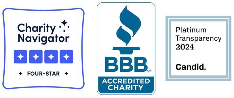 Charity Navigator, Better Business Bureau, and Candid logos