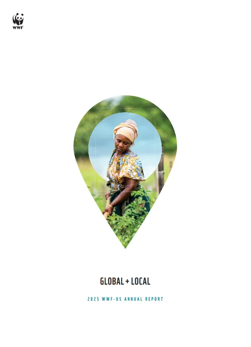 An upside-down tear drop shows a person in brightly colored clothes working crops with the 2025 Annual Report named below