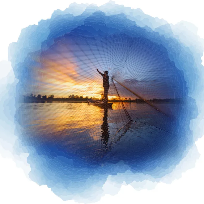 A stylized graphic with blue watercolor texture around the outside and a photo of a fisherman casting a net at dawn