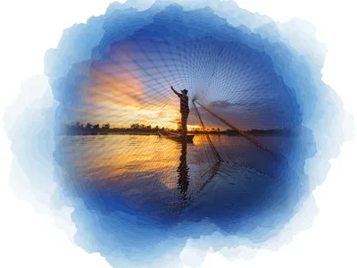 A stylized graphic with blue watercolor texture around the outside and a photo of a fisherman casting a net at dawn