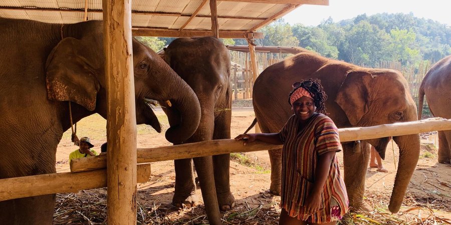 Florence Adewale stands in front of a group of elephants gathered under a roof