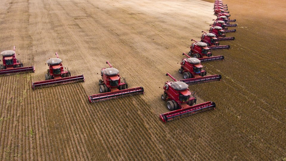 16 red combines in formation moving down a huge field of soybeans