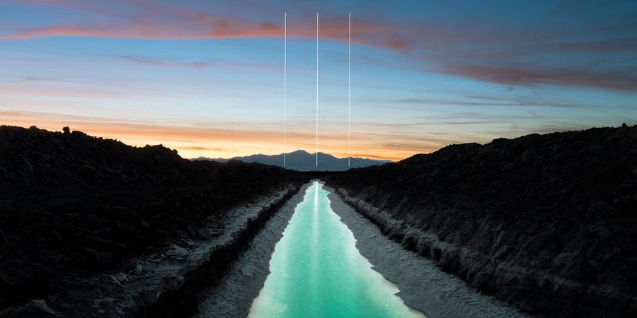 Sunset landscape of canal with 3 vertical lines