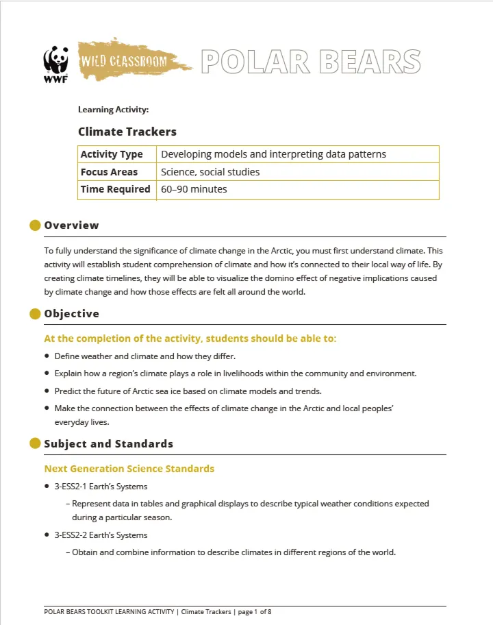 A preview of the first page of Climate trackers activity