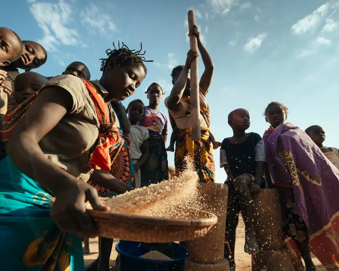 Woman dehusking and seperating various grains such as millet, maize and sorghum along the road to Niassa Game Reserve