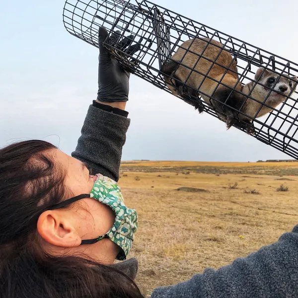 Woman holds up trap with ferret