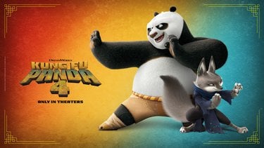 A graphic of Po the Panda and Zhen the Fox in kung fu poses with the title "Kung Fu Panda 4" and the subtitle "Only in theaters"