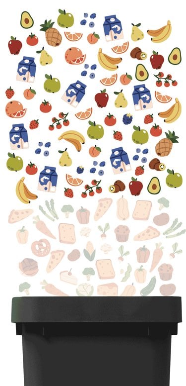 Graphic of fruit and milk going into trash