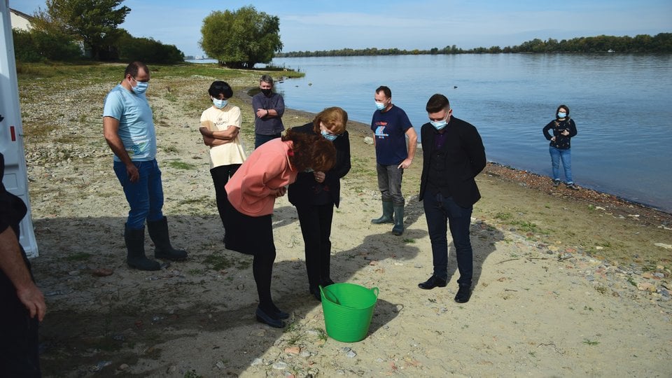 People on riverside examining fish