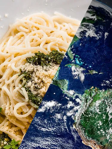 The earth and a plate of noodles side by side