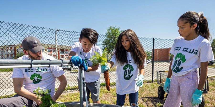 Three elementary school students work in the school garden with an instructor and harvest large carrots with glee.