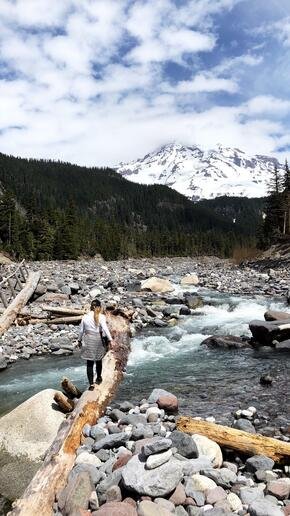 People walk across a branch over a river