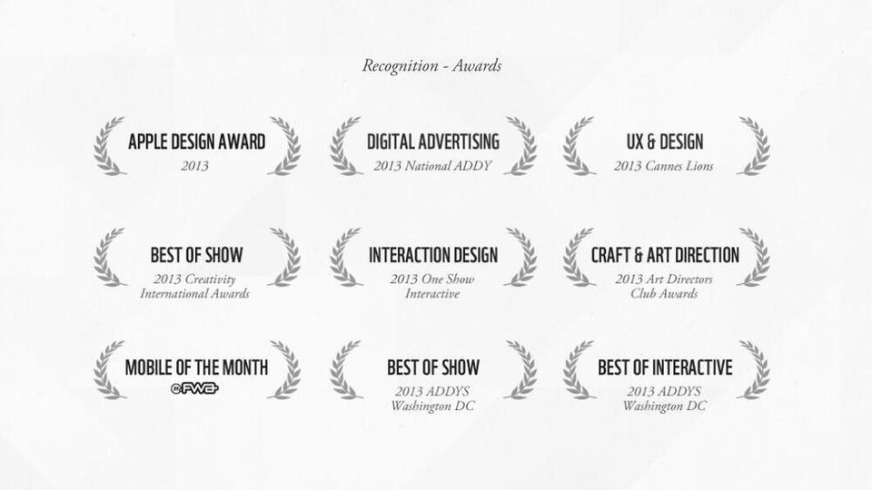 A list of awards and recognition for the WWF Together app, including an Apple Design Award in 2013