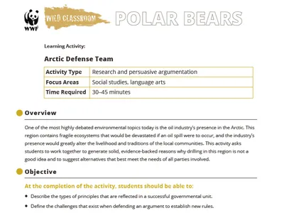 First page preview of the 'Arctic Defense Team' activity about polar bears.