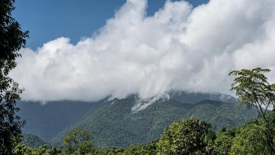A mountain range with low clouds covering the top.