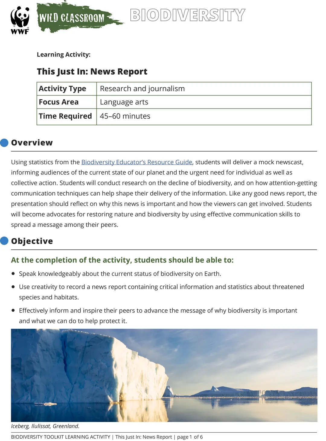 A preview of the This Just In: News Report language arts activity