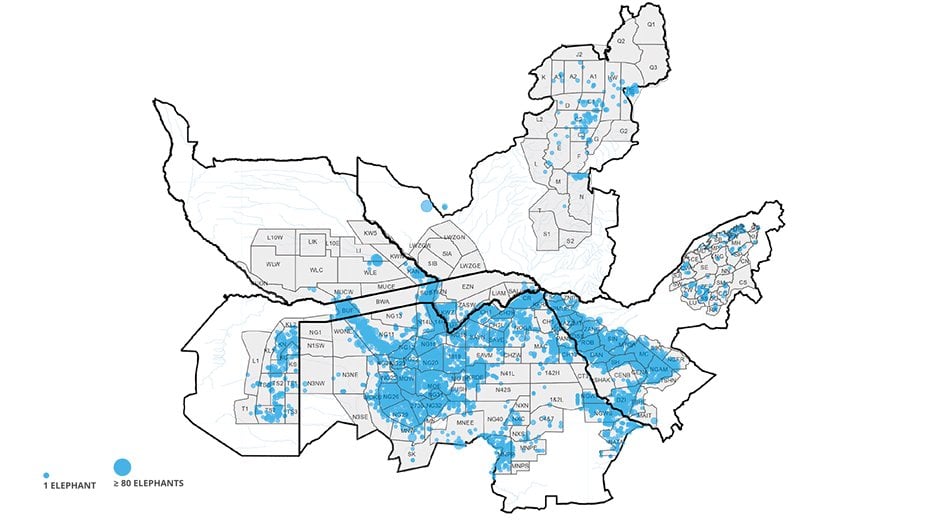 Map of KAZA with results plotted in blue dots