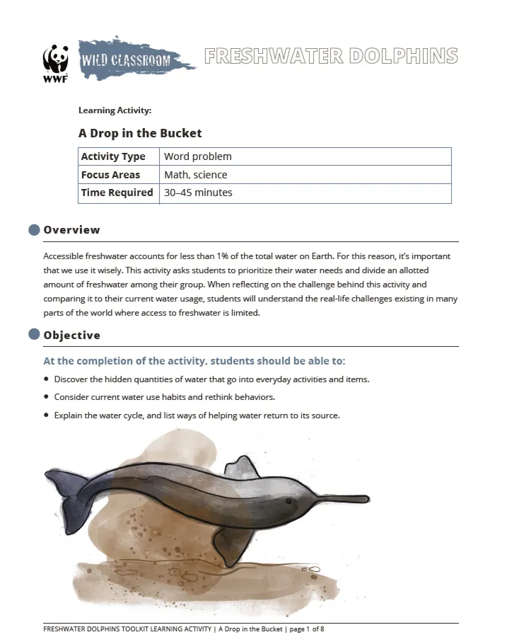 The first page of "A drop in the bucket" wild classroom activity