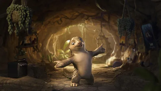A cartoon pangolin stretches its arms and smiles at the camera
