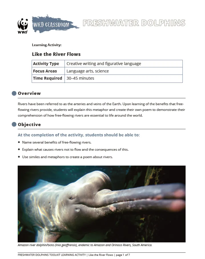 First page of "Like the river flows" wild classroom activity