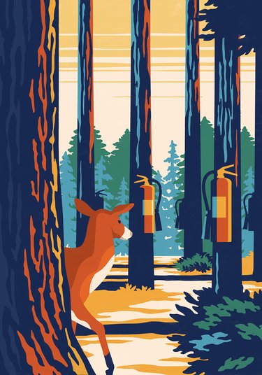 Illustration of deer in woods with fire extinguishers on trees