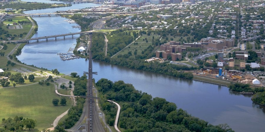 Overhead image of highways over a river