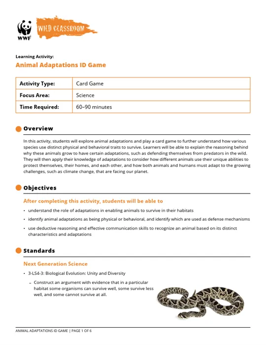 A preview of the Animal Adaptations ID Game