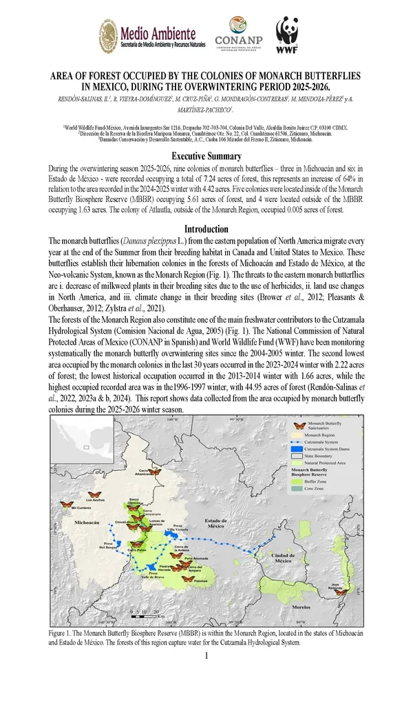 first page of report Area of Forest Occupied by Monarch Butterfly during the Winter 2025 2026 with map of monarch region highlighted in green