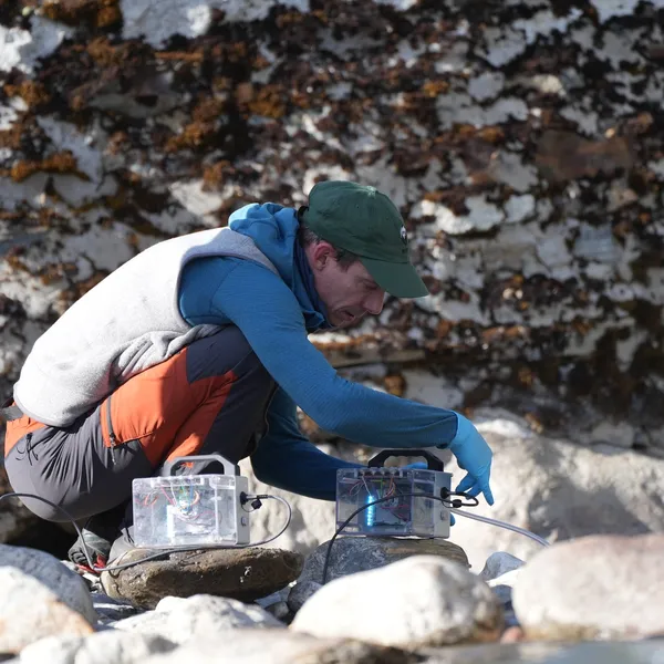 A person collects eDNA samples from a river