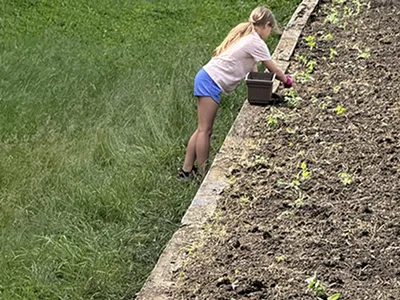 Student plants seed in new garden