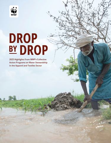 A person in an aqua tunic wearing a gray headpiece leans over a river with the Drop by Drop report title in red to the left