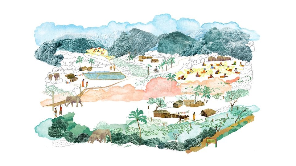 Illustration of elephants and village