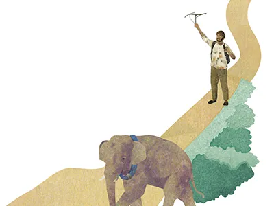 Illustration of elephant with collar and man with antenna