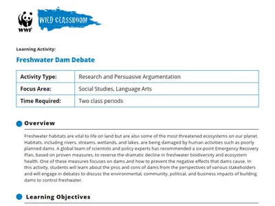First page of "Freshwater Dam Debate" Wild Classroom activity