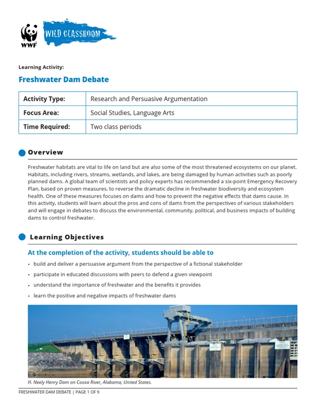 First page of "Freshwater Dam Debate" Wild Classroom activity
