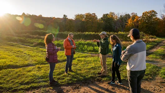 Group of people talking together in a a farm field
