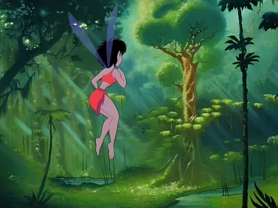 An animated fairy in front of a forest