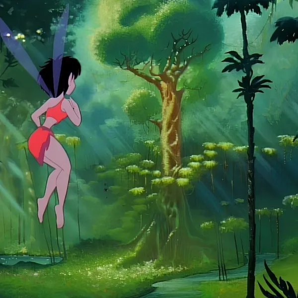 An animated fairy in front of a forest
