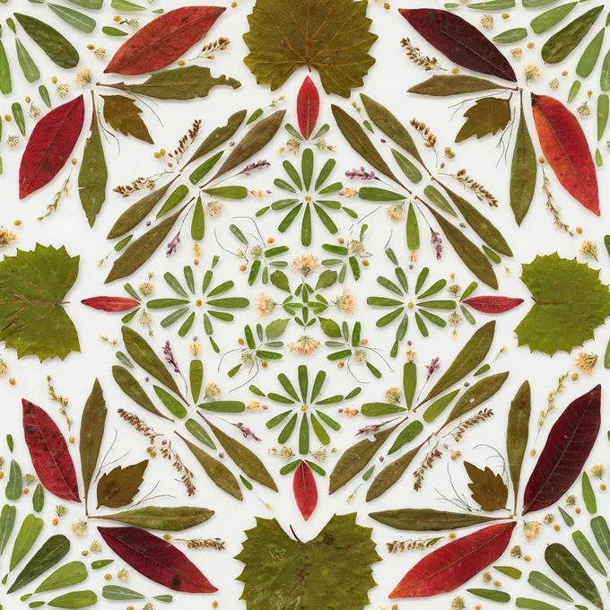 Leaves and petals arranged in a mandala pattern