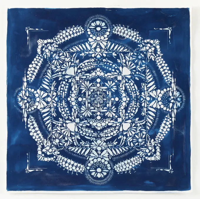 Leaves and petals arranged in blue mandala pattern