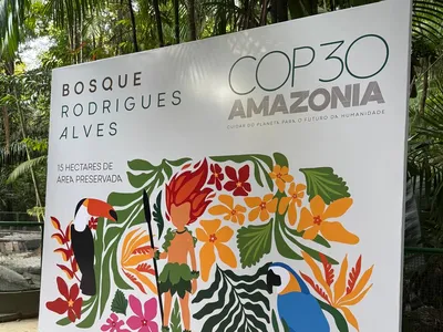 A sign displaying the name of the COP30 climate conference