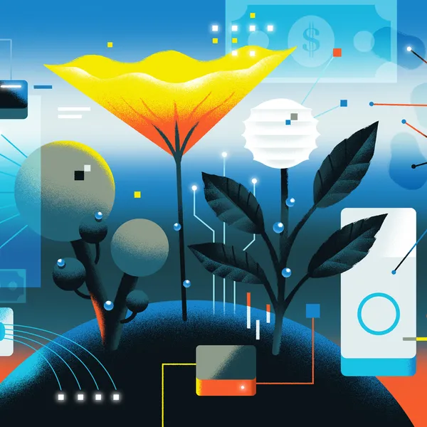 Digital illustration with flowers, globe, and money