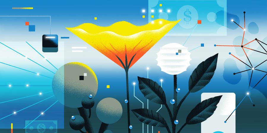 Digital illustration with flowers, globe, and money