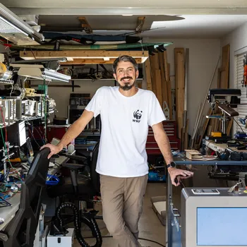 WWF's Eric Becker stands in his engineering studio/garage