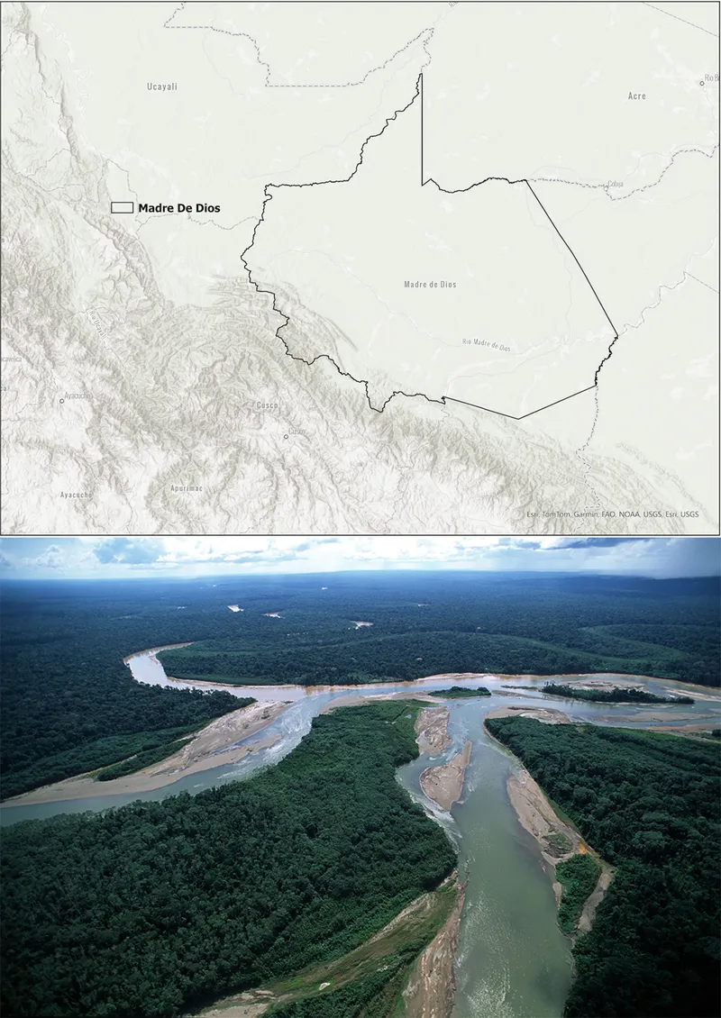 Aerial photo of rivers in Peru with map of region