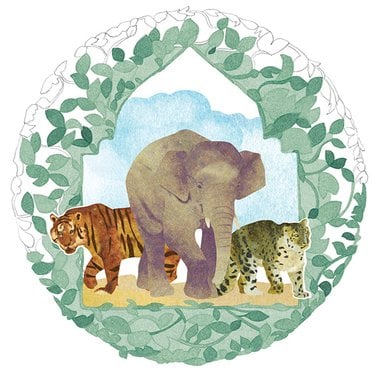 Illustration of elephant and big cats with vegetation