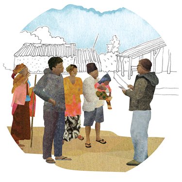 Illustration of people standing outside buildings