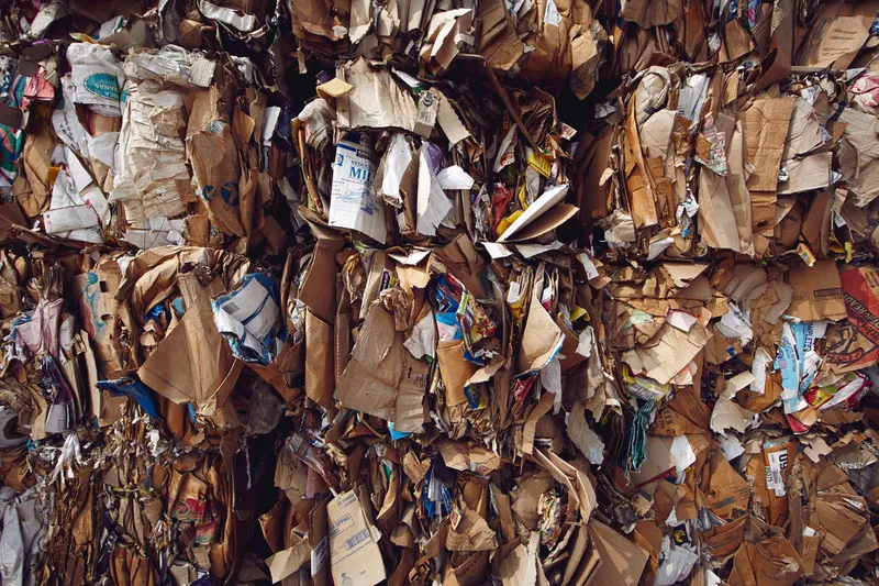 A close up of mostly brown cardboard compacted in a raw materials yard