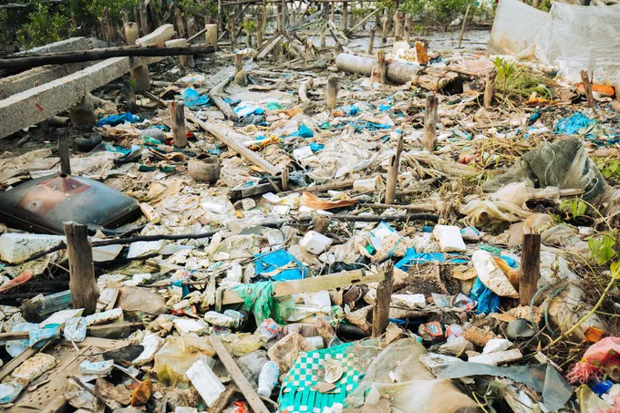 A street completely covered in plastic waste