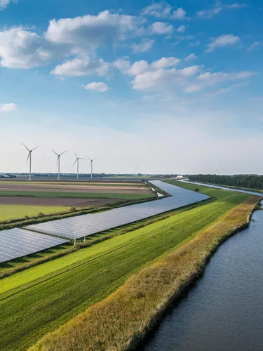 Solar panels and wind turbines sit along the banks of a river